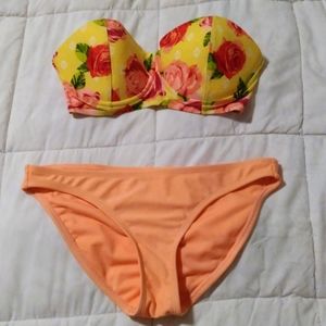 Floral Rose Yellow and Orange Strapless Bikini
